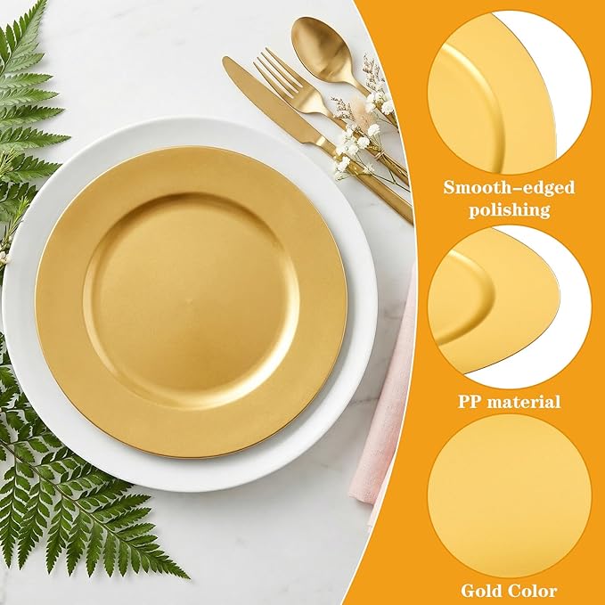 12 Pack Gold Plastic Charger Plates, 13" Round Gold Charger Plates for Wedding, Catering Event, Tabletop Decor
