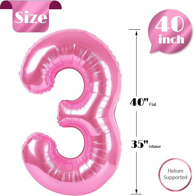 Pink Number 3 Balloon 40 Inch, 3rd Birthday Celebration Supplies for Girls Boys Women Men, 3 Balloon for Girls Boys Theme Party