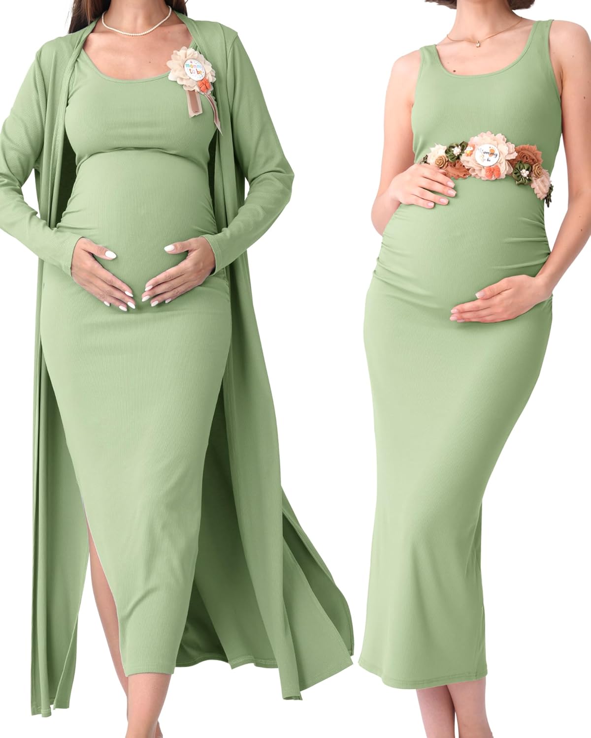 Rnxrbb 2 PCS Fall Winter Maternity Dress Cardigan Set Long Bodycon Maxi Formal Dresses Boho Baby Shower for Women