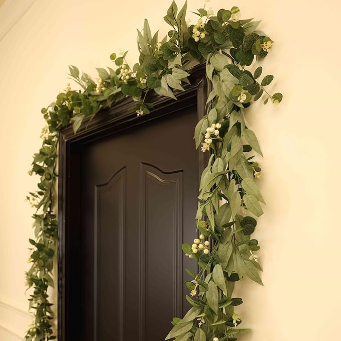 6Ft Artificial Eucalyptus Garland with Little White Berries, Real Touch Faux Eucalyptus Decor Vine for Table, Bedroom, Mantelpiece, Outdoor, Wedding Decorations (Foggy Green)