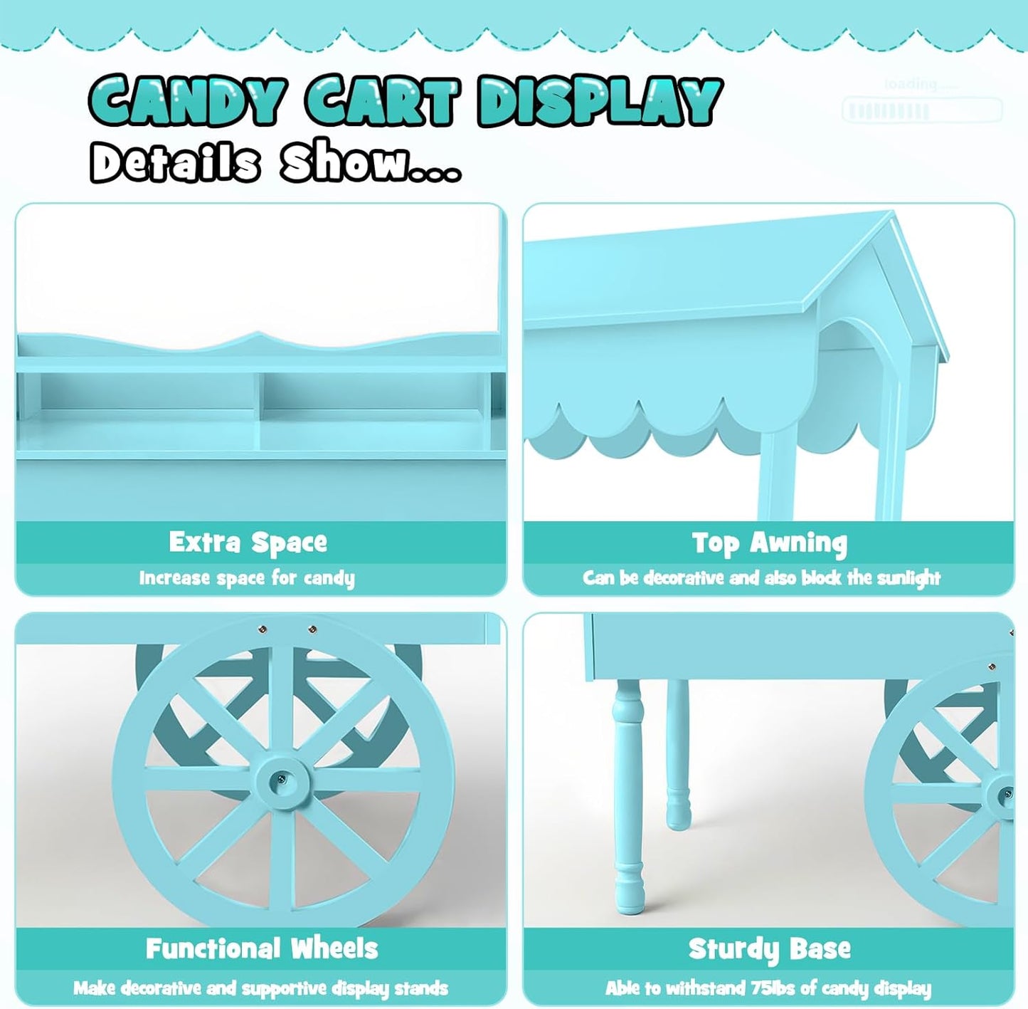 Candy Cart Display Stand for Party, Dessert Cake Cart Stand with Wheels, Vintage Dessert Display Stand Decoration Cart with 100 Balloons, String Light for Parties, Birthdays & Weddings (BLUE)