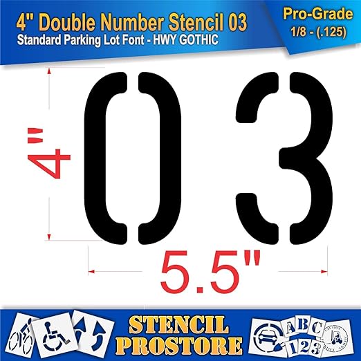 Pavement, Curb, and WheelStop Stencils - 4 inch Double Number Stencil - (03) - 4" x 5.5" x 1/8" (128 mil) - Pro-Grade