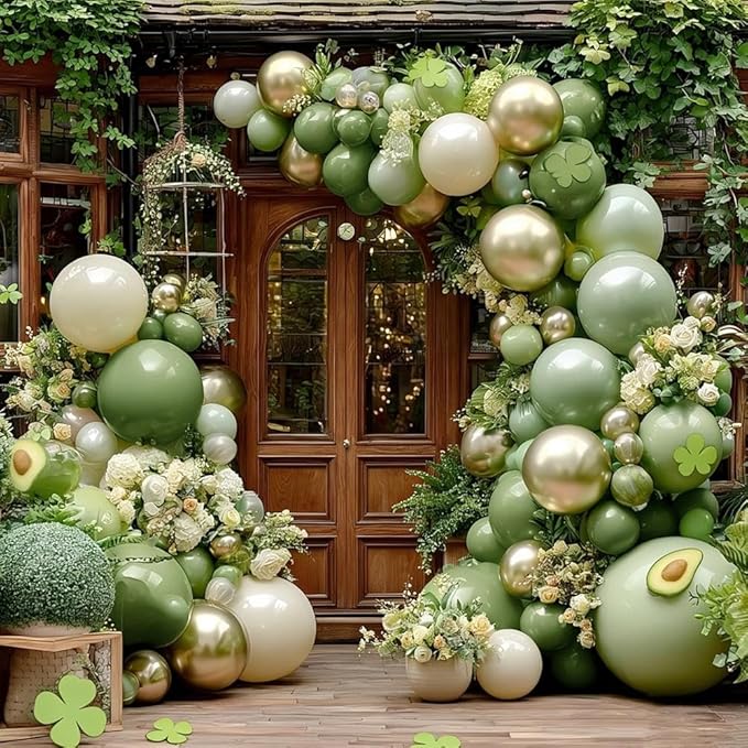 Green White Balloon Garland Double Stuffed Sage Green Gold Pearl White Balloons Arch Kit Dusty Pastel Cream Sand Latex for Christmas Baby Shower Birthday Engagement Party Decorations