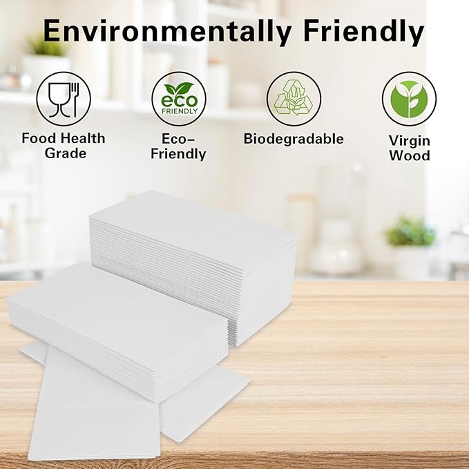 White Napkins Hand Towels Disposable, Linen-Feel Dinner Napkins with Prefolded Built-in Flatware Pocket, Guest Paper Hand Towels For Wedding, Dinner Or Party (16x16in, 50Pack）