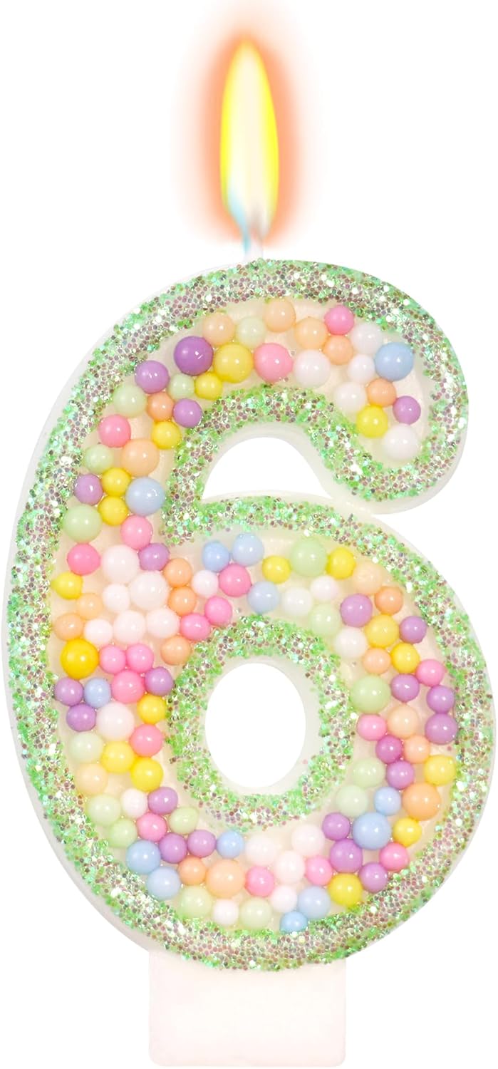 Birthday Candles - Number 6 Candle, Colorful Macaron Candles for Boys/Girls, Green Cake Decorations, Dinosaur Themed Party Supplies