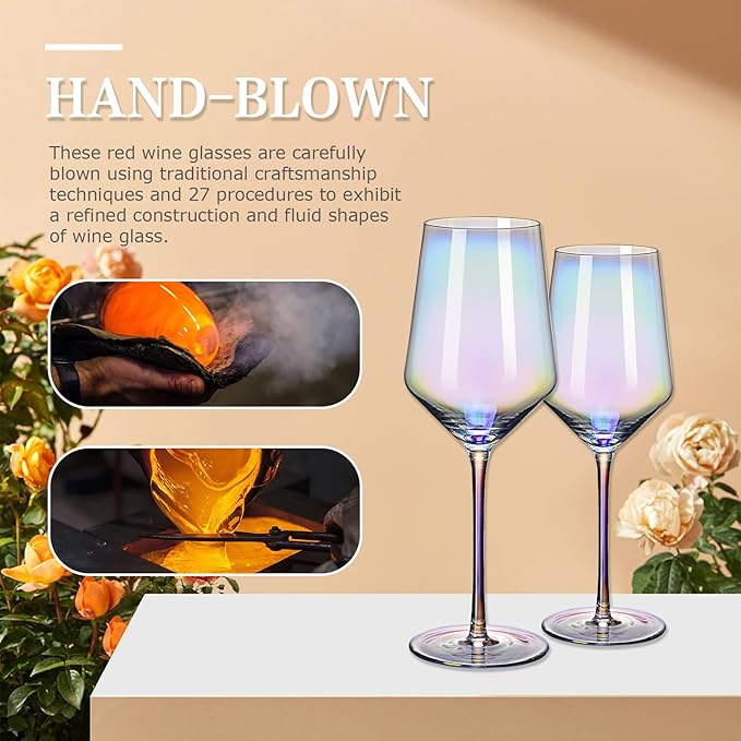 CUKBLESS Red Wine Glasses Set of 4, 20 oz Iridescent Hand Blown Wine Glasses, Long Stem Glasses for Red or White Wine, for Birthday, Wedding