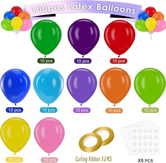 100PCS 12 Inch Rainbow Latex Balloons, Assorted Colors Party Balloons Bulk Pack for Birthday Decorations, Baby Shower, Wedding & Festival Party Supplies