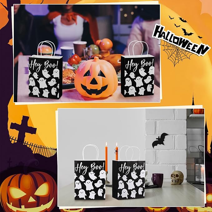 24 Pcs Halloween Hey Boo Ghost Paper Gift Bags with Handles Medium White Ghost Party Favor Bags for Halloween Home Table Party Supplies