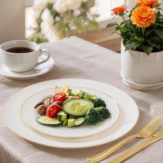 Nervure 100Pcs Ivory and Gold Plastic Plates - 10.25inch Disposable Ivory Dinner Plates - Heavy Duty Plastic Plate Ideal for Wedding & Party (Pack of 2)