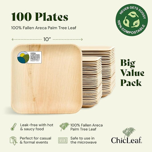 Chic Leaf Palm Leaf Disposable Bamboo Plates - Square Party Plates for Weddings, Parties, Event Appetizers - Biodegradable & Compostable - Romantic Dinner for 2 Party Supplies (10", 100 Pack)
