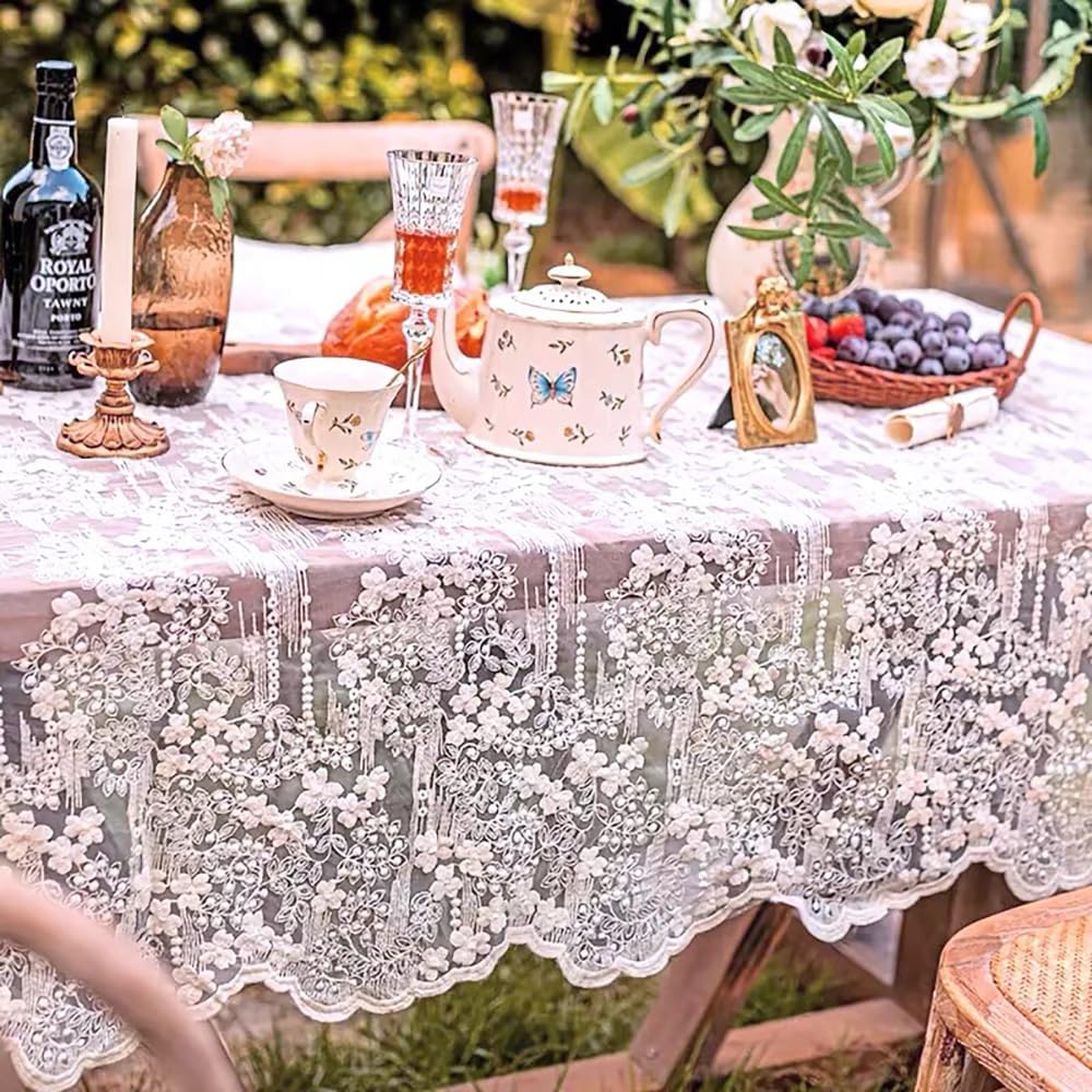 French Embroidery Lace Tablecloth - Round/Rectangular/Square Options for Coffee Tables, Vintage White Lace Table Cover for Kitchen, Dining Room, Party, Banquet, Wedding, Picnic, Home Decor（118*53in）
