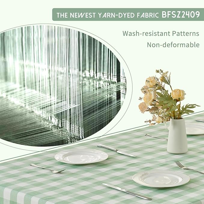 BALCONY & FALCON Gingham Table Cloth Rectangle – Reversible Water-Resistant Cotton Checkered Tablecloth for Outdoor Picnic, Camping, Kitchen, Holiday Party Decor (Green White, 57x118 Inch)