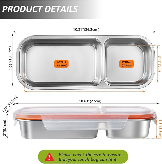 3 Pack Stainless Steel Snack Containers with Lids, Leakproof Lunch Box Containers, Reusable 2 Compartment Snackle Box, Grab and Go lunchable container for Travel
