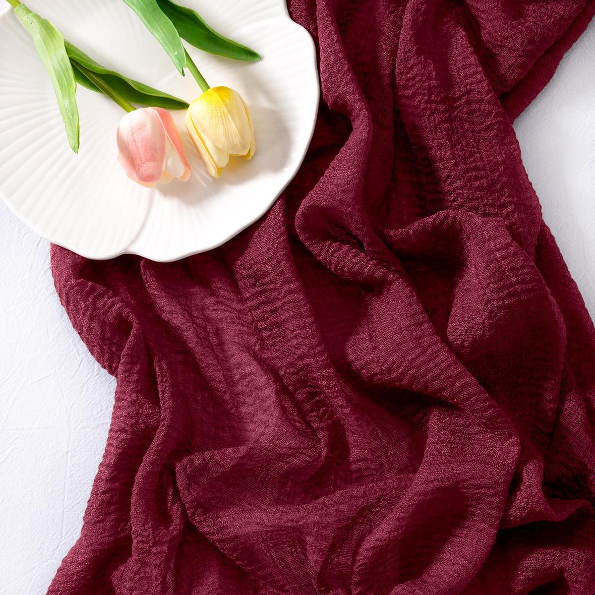 Socomi 3pcs Burgundy Gauze Cheesecloth Table Runner 120 Inch Rustic Boho Cheese Cloth Runner for Wedding Party Baby Bridal Shower Centerpiece Decoration Holiday Home Decorations