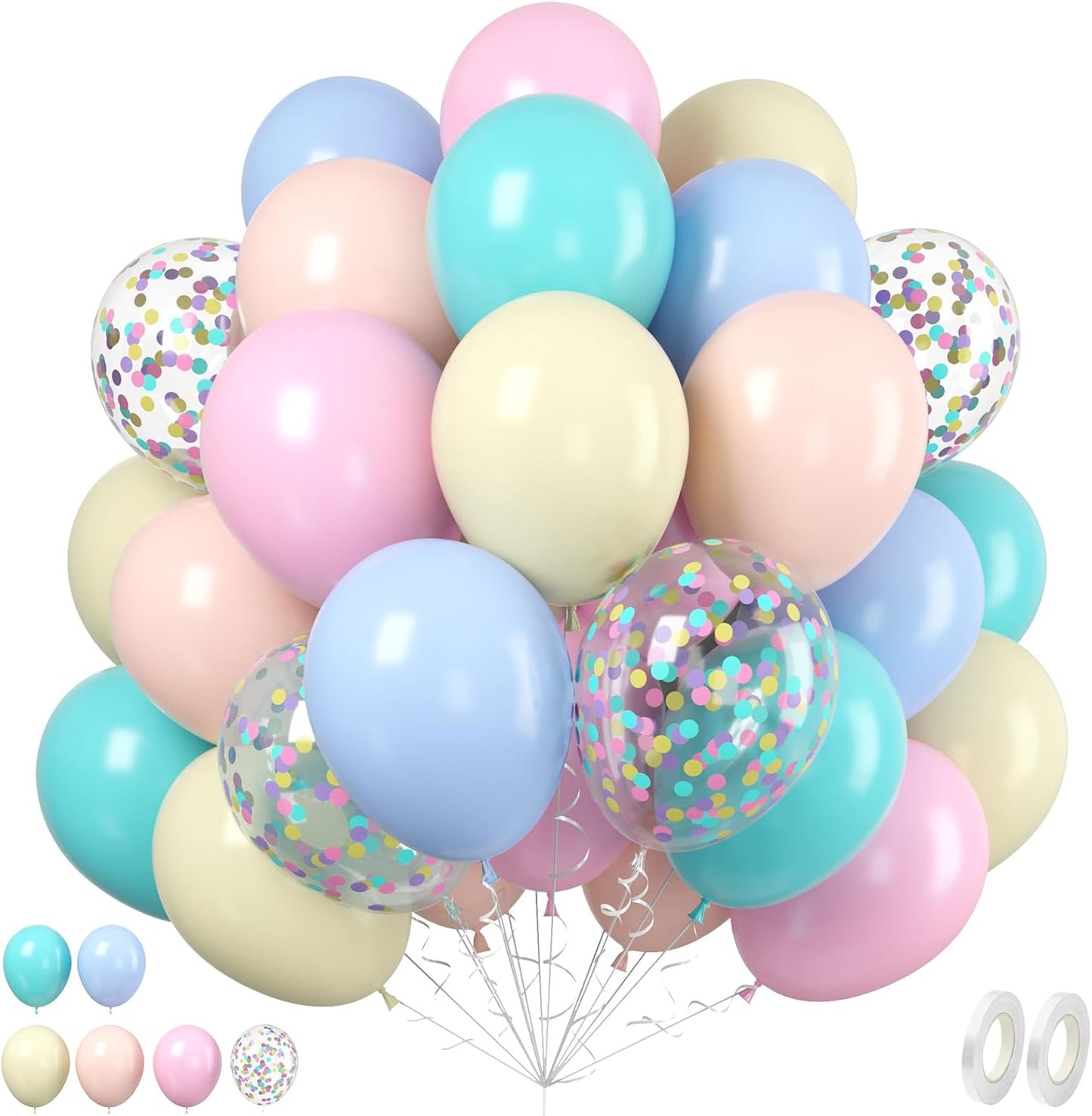 Paready Pastel Balloons Set, 60Pcs Easter Balloons, 12 Inch Macaron Pink Teal Blue Yellow Orange Confetti Balloon Helium for Rainbow Bridal Baby Shower Anniversary Easter Day Birthday Party decoration