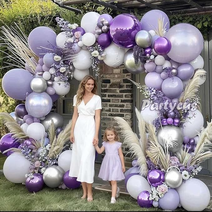 Pastel Purple White Balloon Arch Double Stuffed, Light Lavender Pearl Balloon Garland Kit with Metallic Lilac Silver Color for Bridal Shower Wedding Birthday Graduation Mothers Day Party Decoration