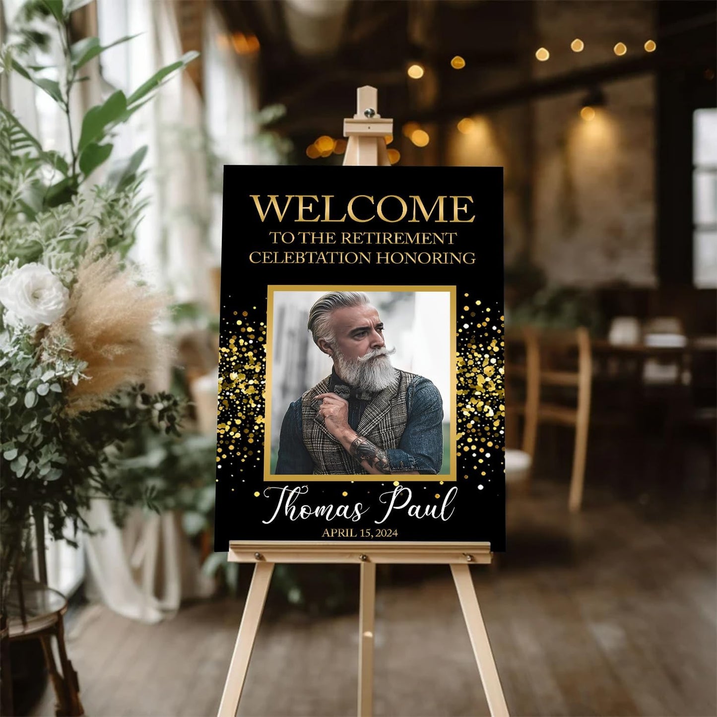 Retirement Celebration Welcome Sign Template - Floral Buffet Sign, Black and Gold Photo Party Decor