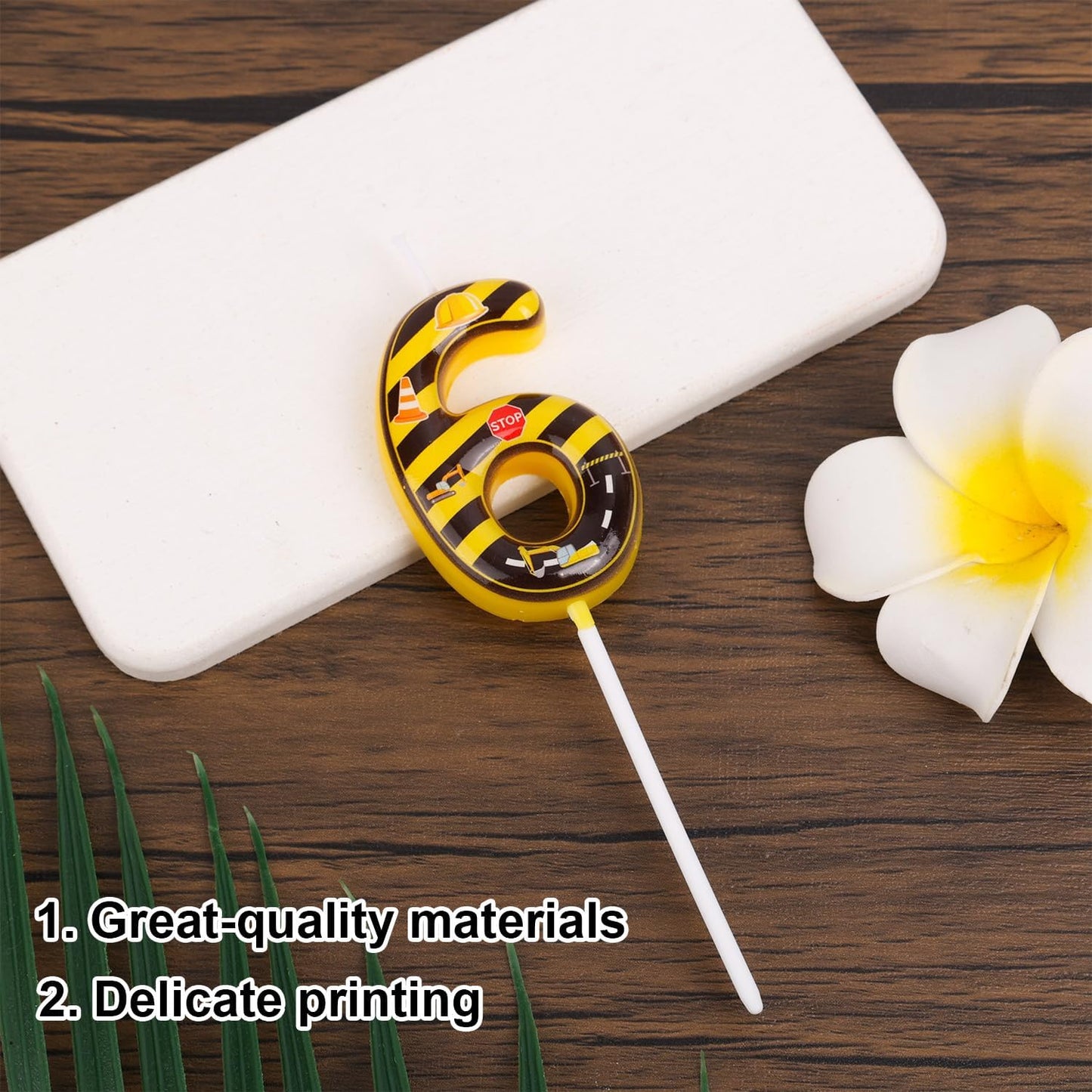 Construction Birthday Number Candles, Yellow & Black Striped Cake Topper Building Theme Party Decorations for Graduation Anniversary Celebration (Number 6)