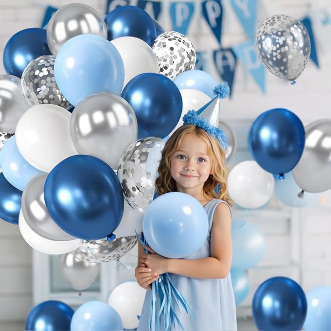 Zesliwy Blue White Silver Balloons Set,50Pcs 12 Inch Metallic Dark Blue Sliver Balloon Royal Light Blue white with Silver Confetti Balloons for Birthday Graduation Wedding Retirement Party Decoration