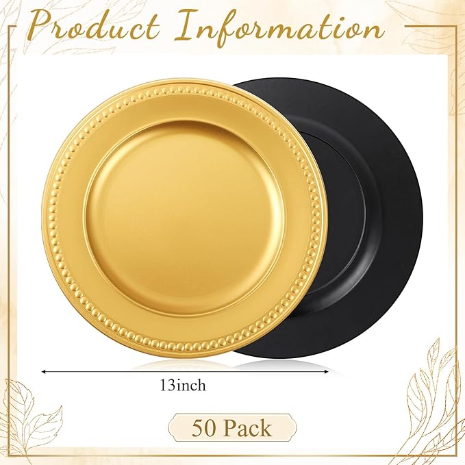 50 Pcs 13" Vintage Gold Charger Plates Round Beaded Chargers Bulk for Dinner Plates Serving for 50 Guests for Antique Wedding Holiday Party Bridal Shower Event Dinner Table Setting Decoration