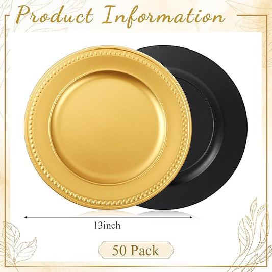 50 Pcs 13" Vintage Gold Charger Plates Round Beaded Chargers Bulk for Dinner Plates Serving for 50 Guests for Antique Wedding Holiday Party Bridal Shower Event Dinner Table Setting Decoration