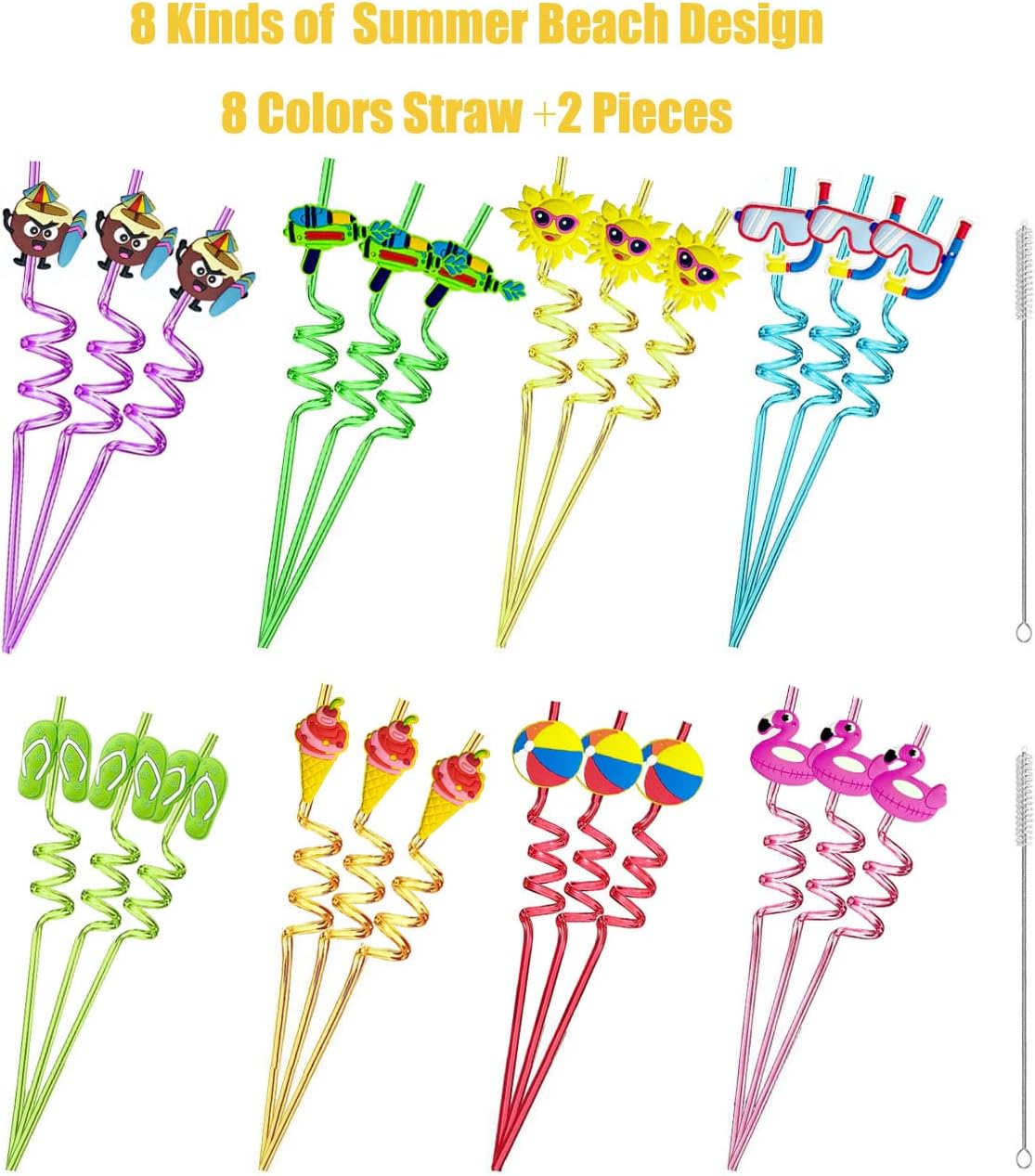 24 PCS Straws for Birthday Party Supplies Drinking Straws with 2 PCS Cleaning Brushes (Summer Beach)
