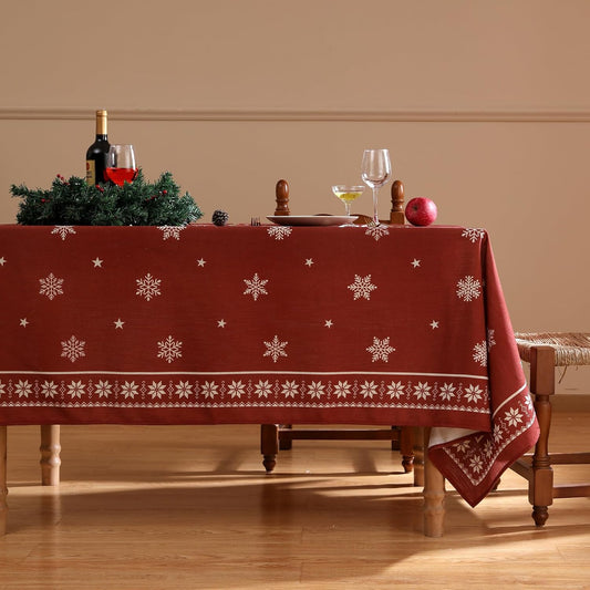 ISAENNE Designer Christmas Red Small Square Tablecloth,Linen Table Cloth with Snowflakes Pattern,Wrinkle Resistant Decor Tablecloths for Dining Kitchen Thanksgiving Christmas,55"*55"-Carol C