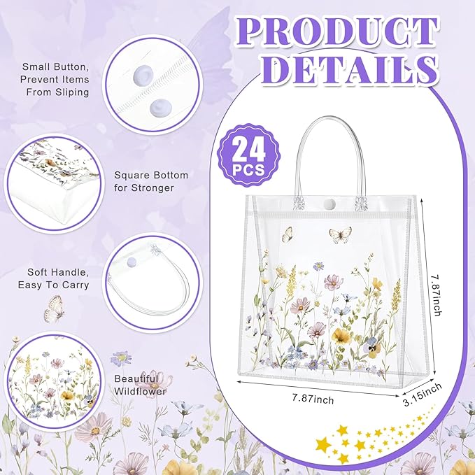 Kacctyen 24 Pcs Wildflower Gift Bags Wildflower Theme Clear PVC Bags with Handles Flower Party Favors for Wedding Birthday Baby Shower Party Supplies Return Gift Wrap Totes for Guests