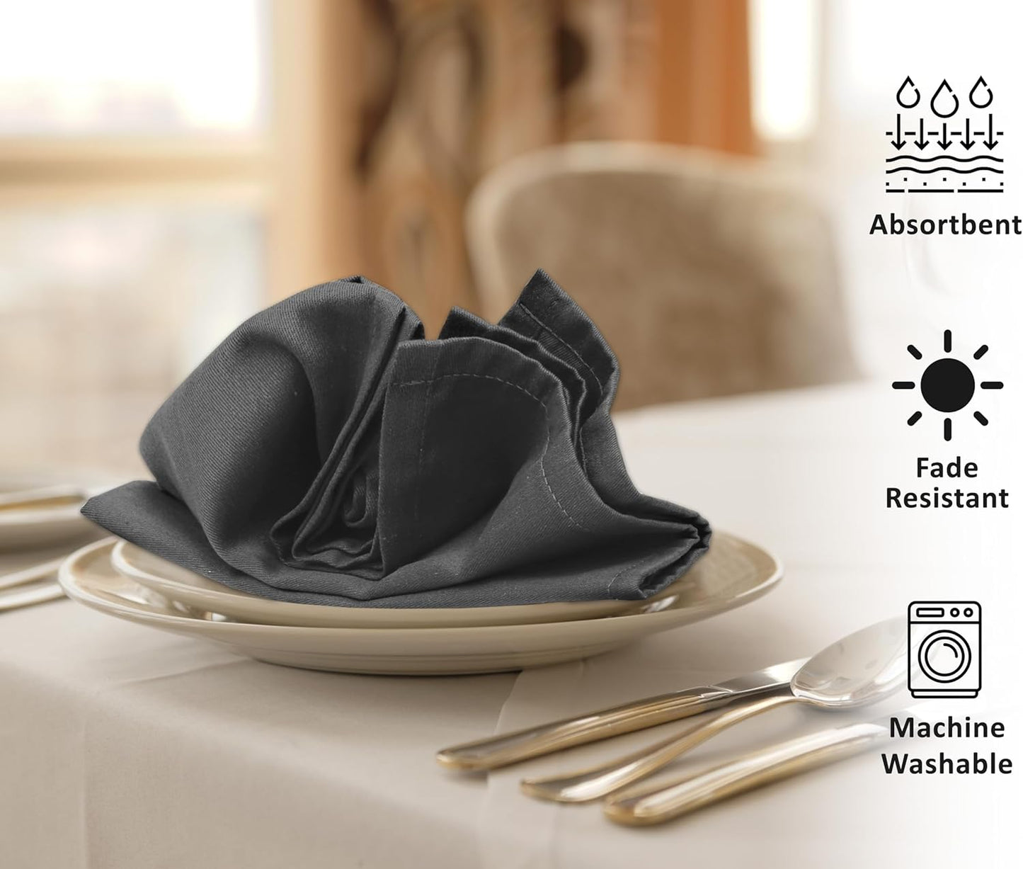 Ruvanti Cloth Napkins Set of 6, 18x18 Inches Napkins Cloth Washable, Soft, Durable, Absorbent, Cotton Blend. Table Dinner Napkins Cloth for Hotel, Lunch, Restaurant, Wedding Parties - Dark Grey