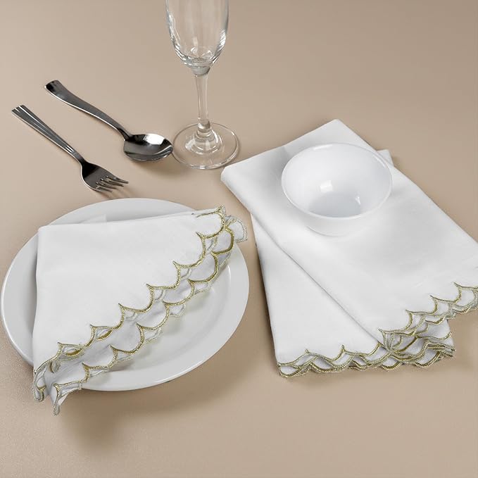 FINGERCRAFT Cloth Napkins, Everyday Use Scallop Design with Golden Zari, Premium Quality Natural Cotton Napkin Cloth Set of 6 Perfect for Parties Dinners Weddings Christmas 20x20 inch White