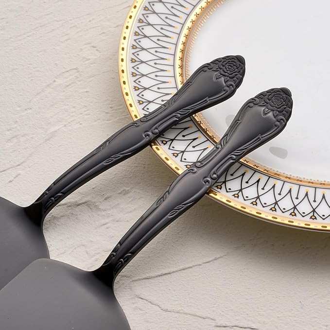 Deeny Jarte 3-Piece Cake Server Set - 9.3-Inch Matte Black 430 Stainless Steel with Rose Handle Design - Ideal for Cake, Pie, Pizza, and Dessert Serving - Dishwasher Safe Pastry Server Set