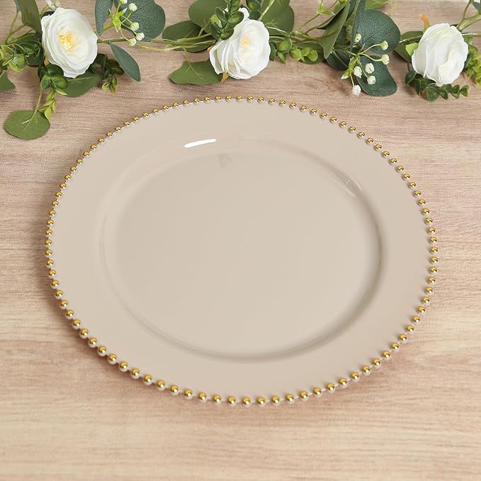 Efavormart 10-Pack Economy Plastic Charger Plates 13" Round Taupe with Gold Beaded Rim - Stylish Dinner Party Serving Plates