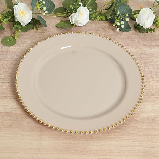 Efavormart 10-Pack Economy Plastic Charger Plates 13" Round Taupe with Gold Beaded Rim - Stylish Dinner Party Serving Plates