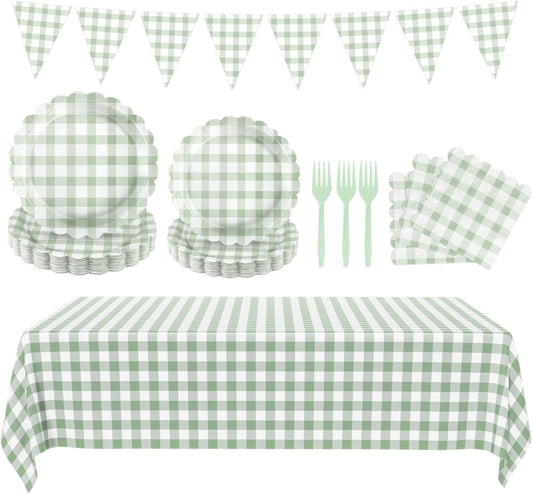102 PCS Sage Green Gingham Party Supplies - Scalloped Plates, Napkins, Cups, Forks, Banner, Gingham Tablecloth for Baby Shower, Wedding, Birthday, Serves 25