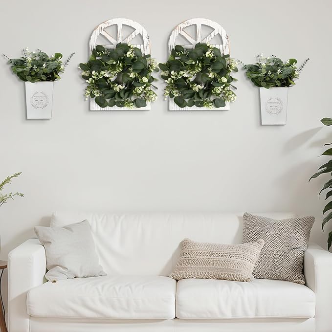 4 Sets 67 Pcs Farmhouse Wall Decor Set Rustic Window Frame Wall Decor with Eucalyptus Wreath and Metal Walls Planters Vintage Farmhouse Walls Art for Living Room Entryway(Arched)