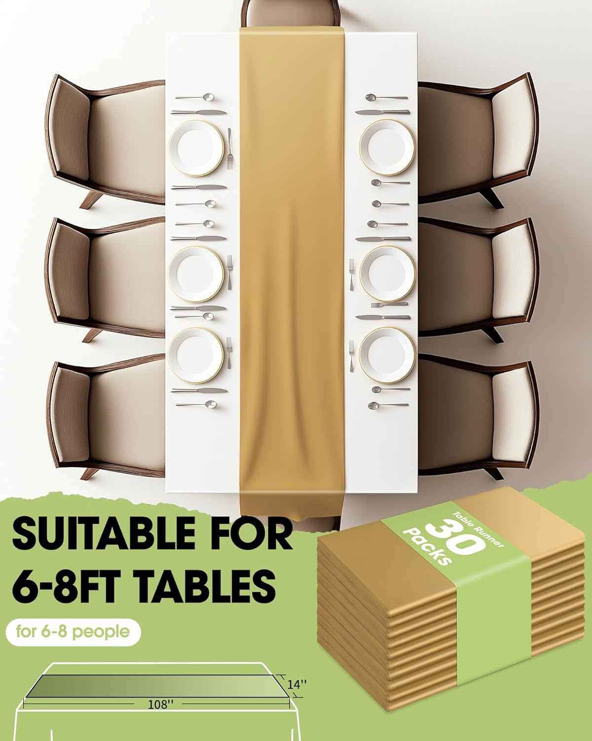 Pureegg Gold Plastic Table Runners - 30 Pack, 14'' x 108'', Water Resistant & Disposable Centerpiece Decorations for Table Cloth, Wedding, Birthday, Holiday, Baby Shower, Party, Home Decor