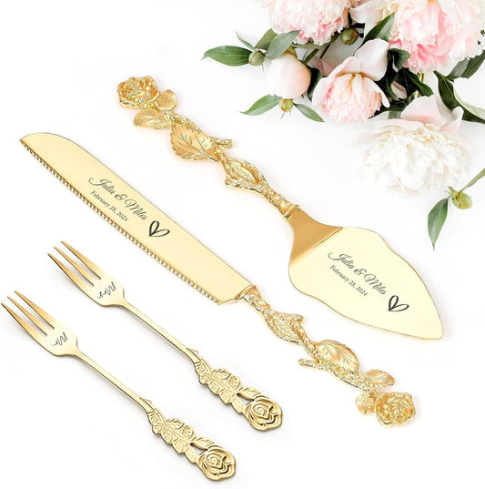 Personalized Wedding Cake Knife and Server Set Custom Cake Cutting Set Engraved Gold Cake Cutter Server Forks for Wedding Anniversary Engagement Birthday Gifts
