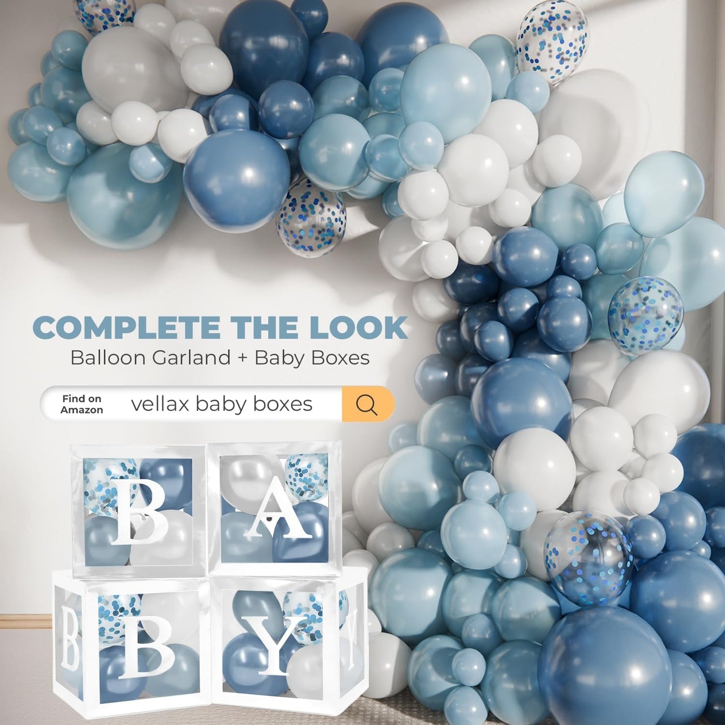 Balloon Garland Arch Kit – 146 Pcs Dusty Blue, White, Light Blue & Confetti Balloons for Baby Shower, Birthday, Gender Reveal, Wedding Party – DIY Kit by Vellax™