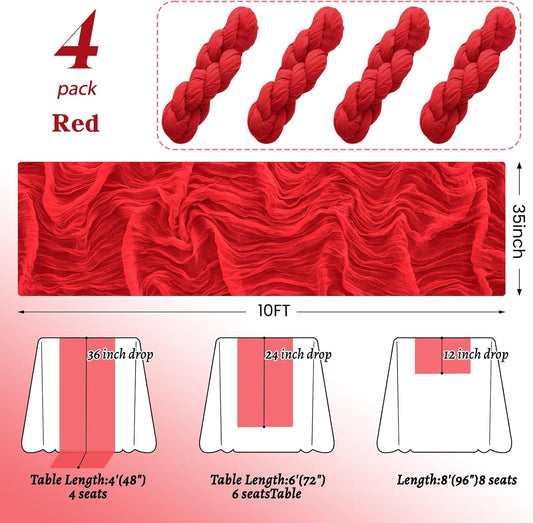 4Pack Red Table Runner 10FT Cheesecloth Table Runner 35x120Inch Long Boho Cheese Cloth Table Runners Rustic Gauze Table Runners for Party Christmas Wedding Bridal Shower Baby Shower Decorations