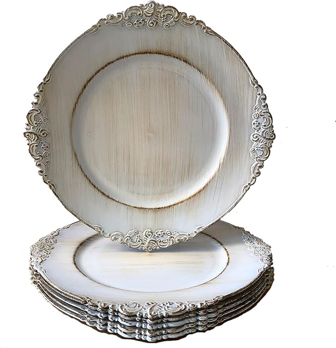 Antique White Charger Plates, 13 Inch Embossed Chargers for Dinner Plates. Set of 6 Plastic Charger for Wedding, Party,Elegant Tableware Chargers Decoration.