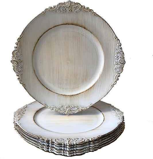 Antique White Charger Plates, 13 Inch Embossed Chargers for Dinner Plates. Set of 6 Plastic Charger for Wedding, Party,Elegant Tableware Chargers Decoration.
