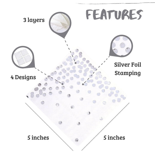 100 PK Silver Napkins - 4 Assorted Designs - 3-Ply Cocktail Napkins Folded 5 x 5 Inches Bar Napkins Disposable Party Napkins Paper Napkins Beverage for Wedding Bridal Baby Shower Birthday