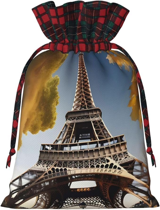 PULaif Cityscape Paris Eiffel Tower France Christmas Drawstring Gift Bags, Large Size Christmas Bags For Gifts Party Favors, Xmas Gift Bags