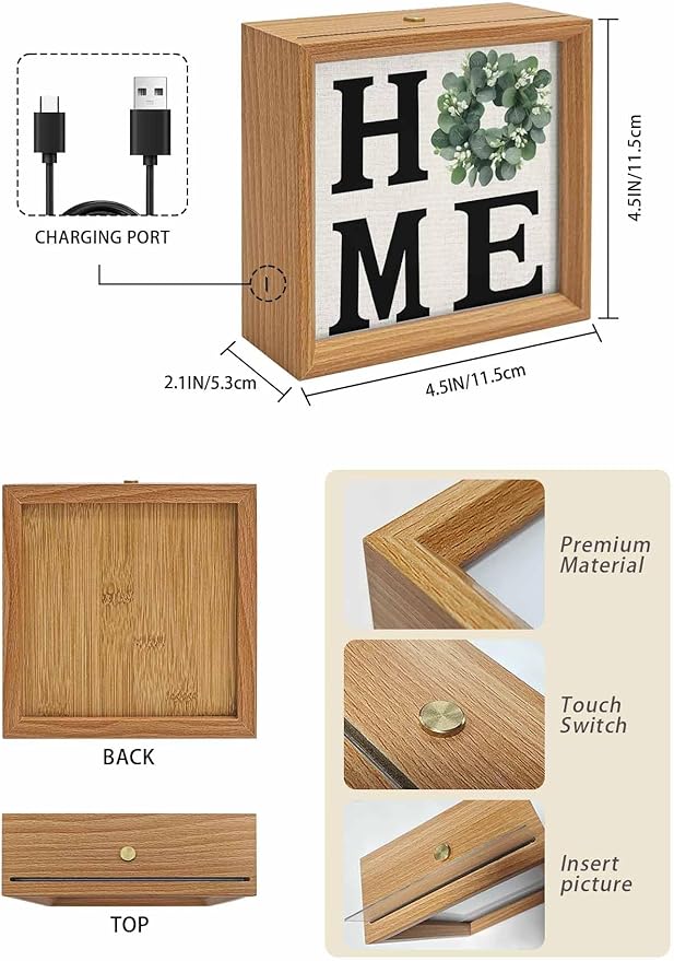 Wood Night Light Box 4.5x4.5in,Home Green Eucalyptus Leaves Garland Table Lights Wooden Picture Frame with USB Rechargeable Touch LED Lights for Home Decor Desktop Display,Retro Linen