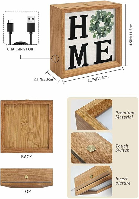 Wood Night Light Box 4.5x4.5in,Home Green Eucalyptus Leaves Garland Table Lights Wooden Picture Frame with USB Rechargeable Touch LED Lights for Home Decor Desktop Display,Retro Linen