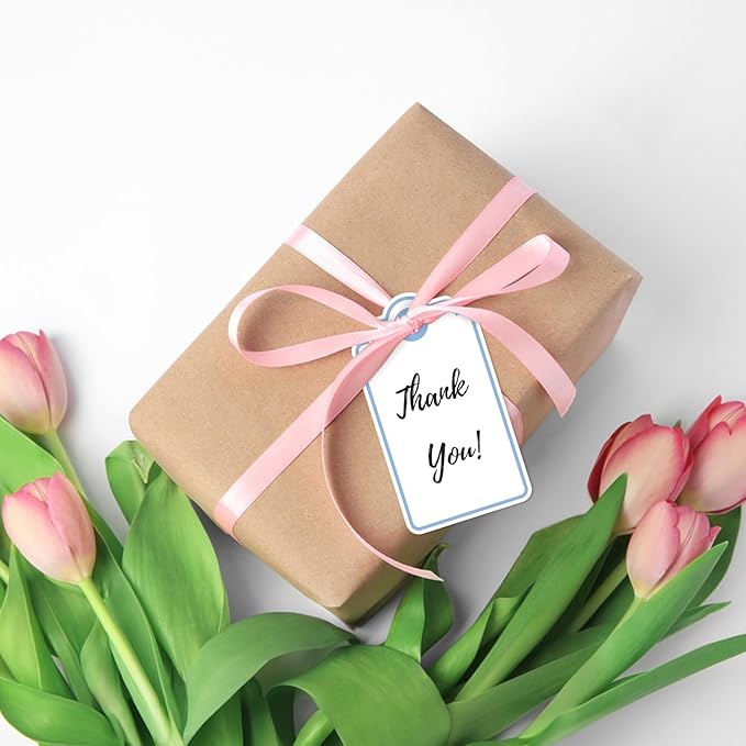 Anwyll Gift Tags with String - 100Pcs Blue Gift Bag Tags Personalized White Blank Hanging Paper Label Tag for Baby Shower Birthday Party Wedding Christmas Favor Present