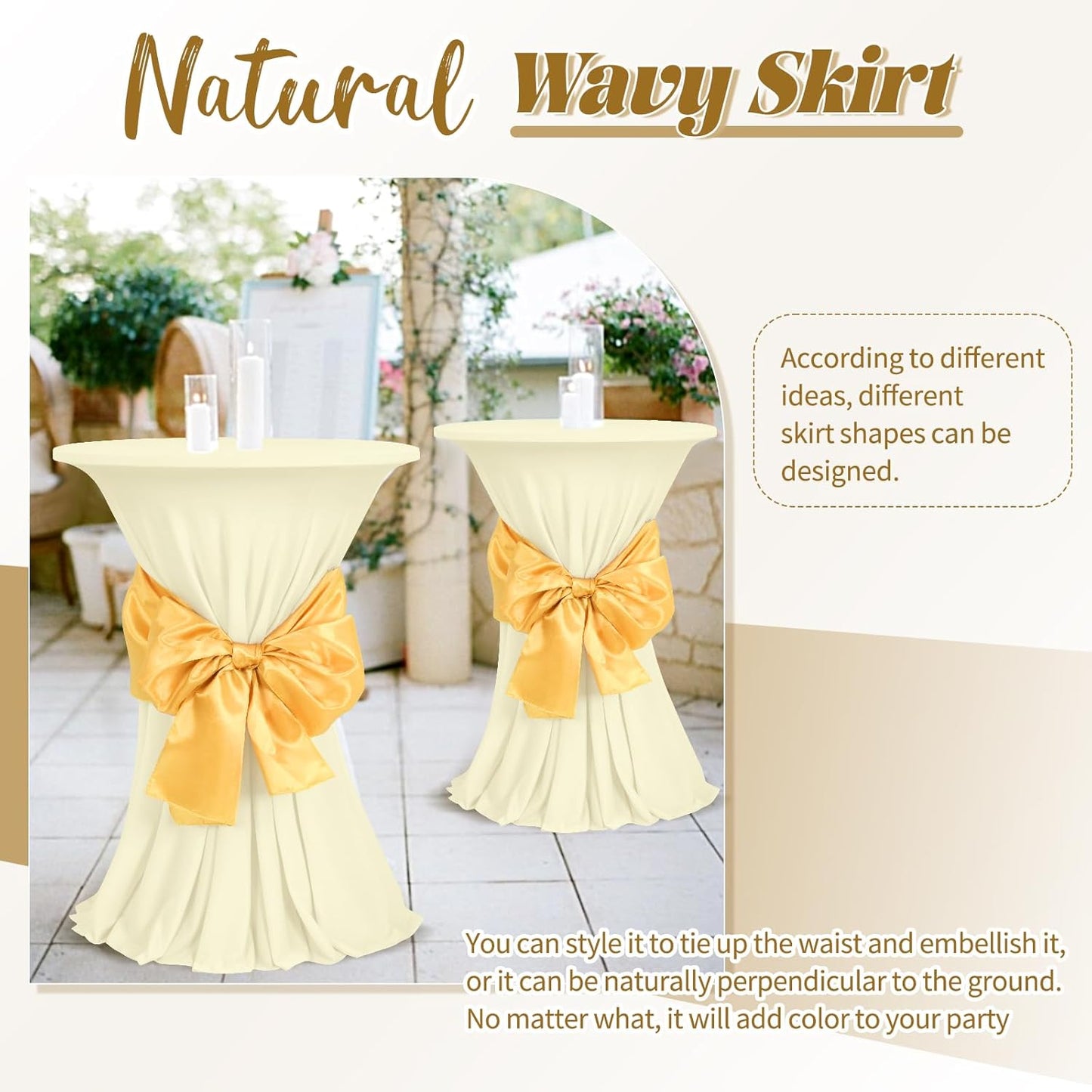 3 Packs Cocktail Table Covers Beige Round Bar Table Cloth Off White 32"x 43" Spandex Stretch High Top Table Covers with Wavy Drapes Fitted High Top Table Cloth for Party Wedding Banquet Bar Table