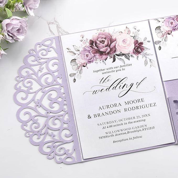 Wedding Invitations with Envelopes and RSVP Cards 50PCS Purple Laser Cut Invitation with Blank Cards and Envelopes Seals RSVP for Wedding Birthday Party Girl Baby Bridal Shower