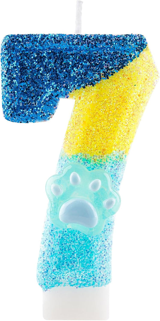 Honglus Glitter Blue Dog Paw 7 Candle for Birthday Blue Number 7 Candle Dog Paw 7 Glitter Cake Topper for 7th Birthday Party Supplies Anniversary Decorations