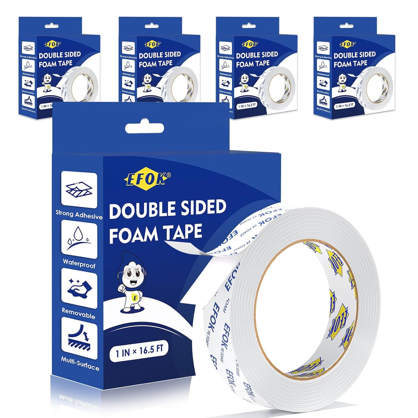5 Pack Double Sided Tape Heavy Duty White PE Foam Tape, 1 in X 16.5 Ft Mounting Tape Removable Strips Strong Weatherproof Adhesive Tape for Hanging Picture Poster, Carpets, Paint Wall No Damage